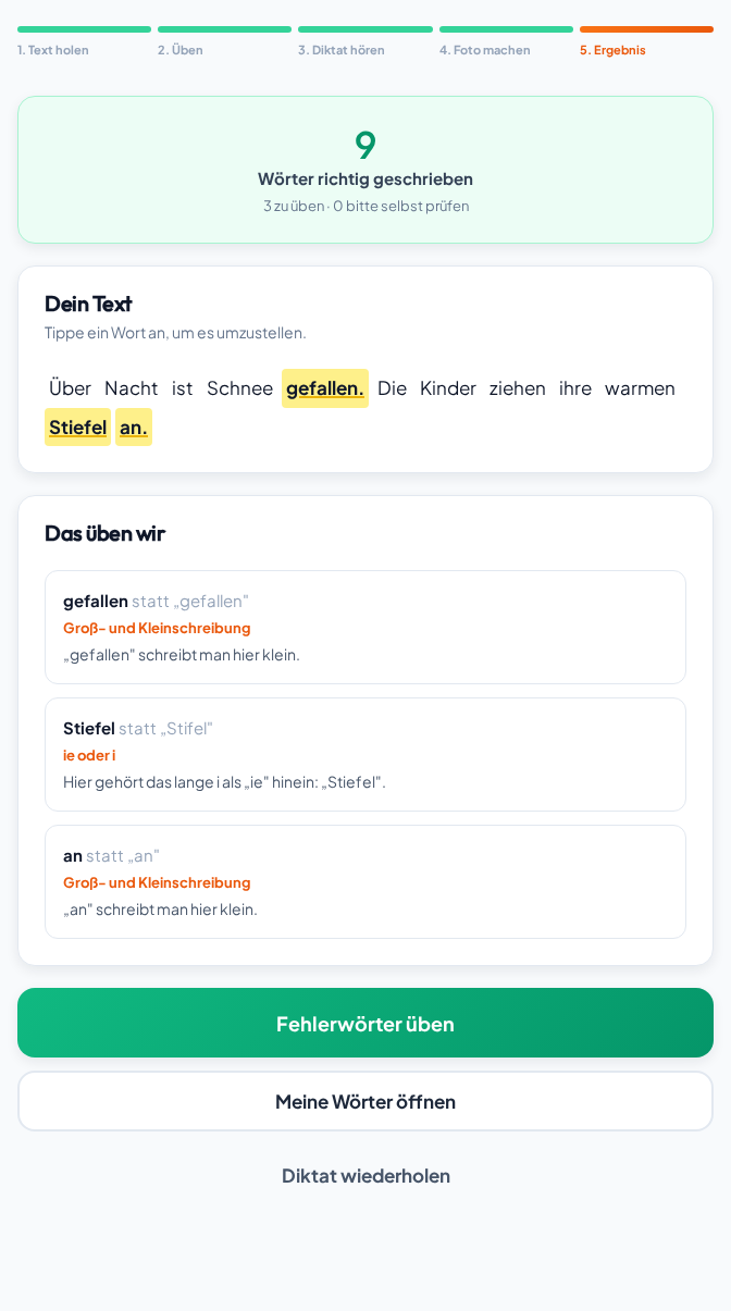 Vokito zeigt das Ergebnis mit den erkannten Fehlerwörtern